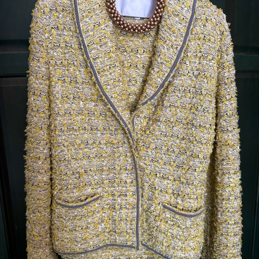 Escada Yellow Tweed Blouce Knit Suit Blazer Skirt 34 / 36 US4